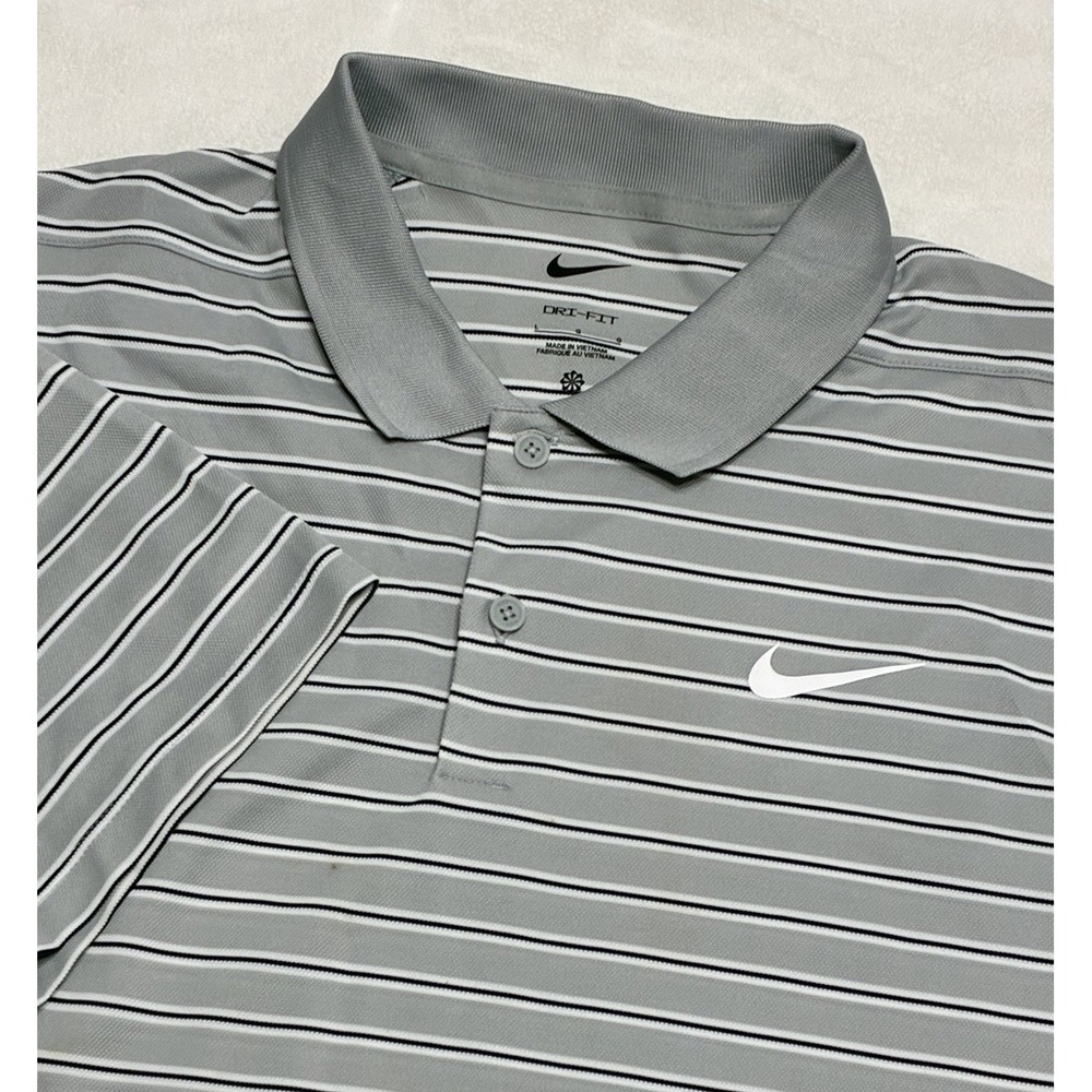 Nike Polo Shirt Mens Large Gray Striped Drifit Performance Golf Stretch Wicking